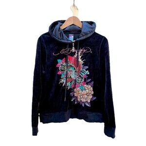 Ed Hardy Y2K Women’s Koi Print Rhinestone Black Velvet Zip Up Hoodie Vintage